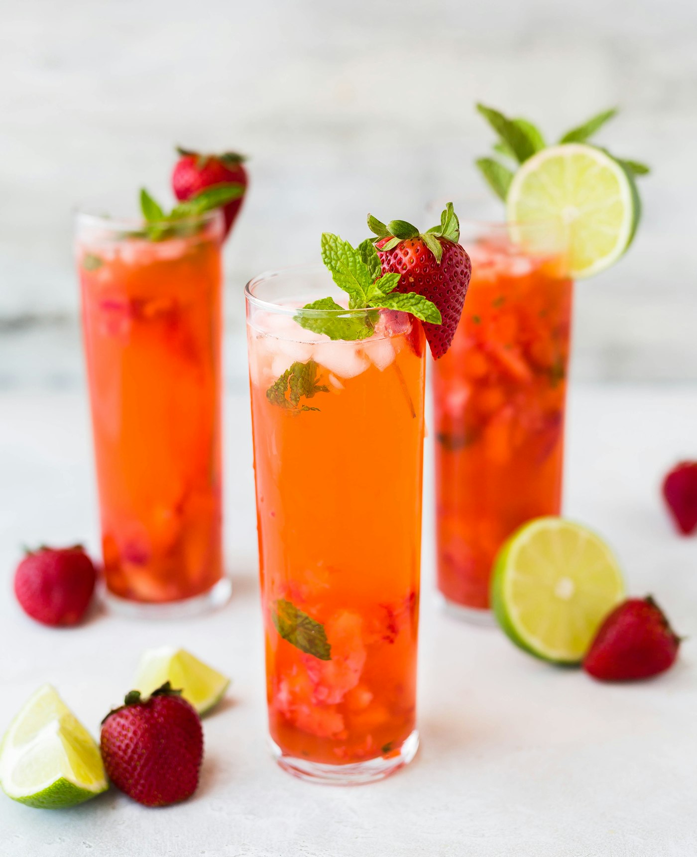 Strawberry lemonade with lime and fresh strawberries